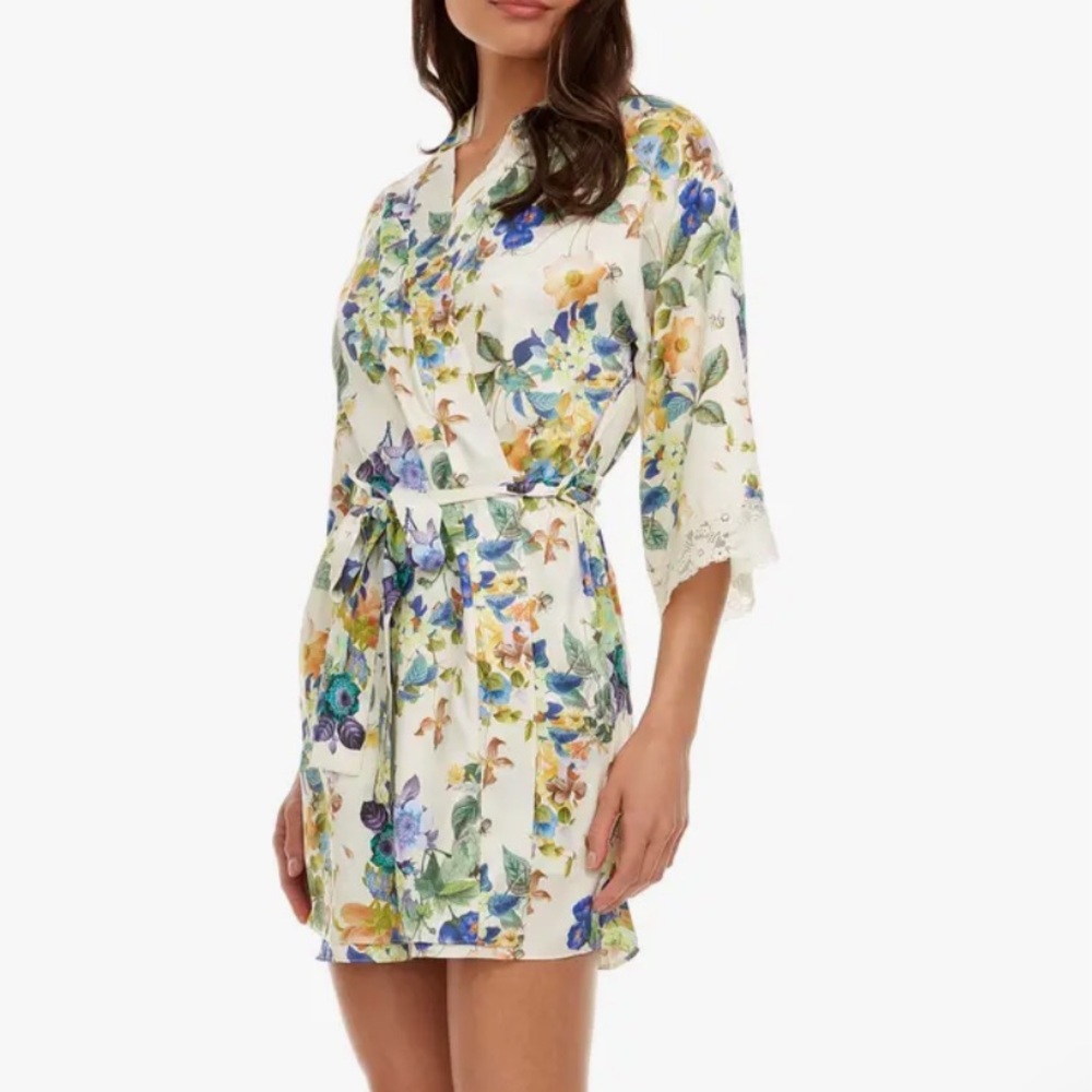 Flora Nikrooz Blue and Yellow Floral Robe new with tags size L Large